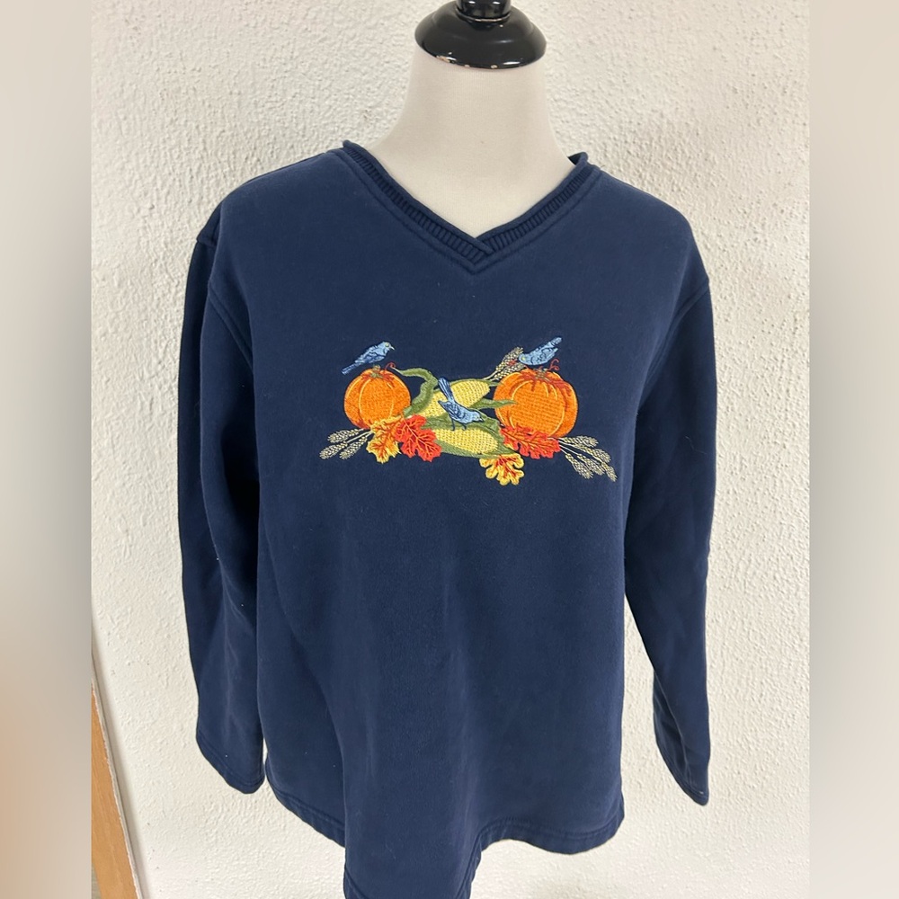 Vintage Classic Elements Navy Fall‎ Themed Vneck Sweatshirt Cotton size Large